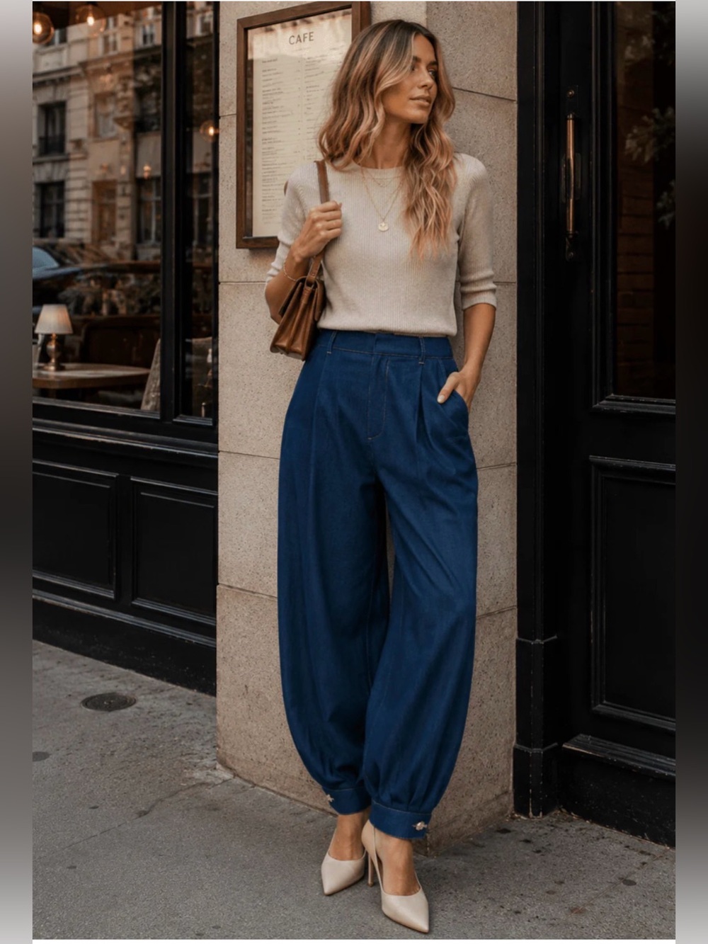 WOMEN'S ELASTIC WAIST BUTTON CLOSURE POCKETS JOGGER LEG PANTS INDIGO